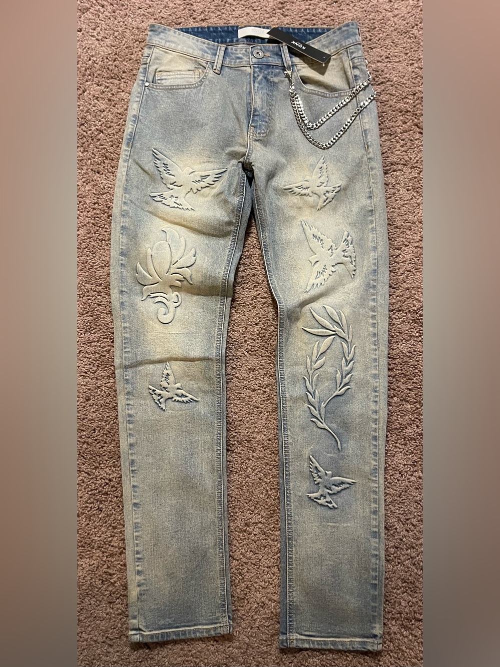 KDNK Light Blue Embossed Men's Jeans with Chain Detail NWOT